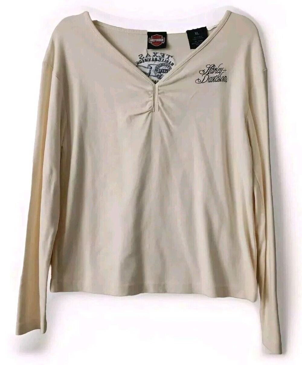 Harley Davidson Shirt Women's XL Cream Long Sleeve 100% Cotton Texas